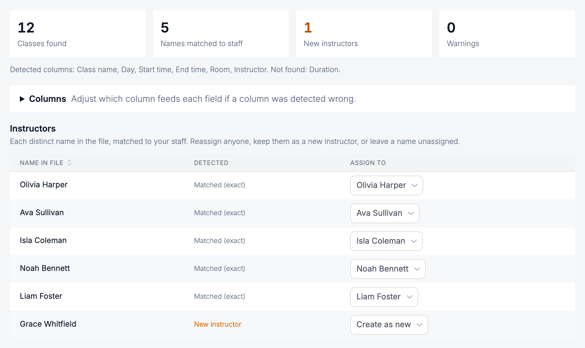 InstructorHUB timetable importer after pasting a spreadsheet: 12 classes found, 5 names matched to staff, 1 new instructor and no warnings, with each instructor name matched to the team and one set to be created as new