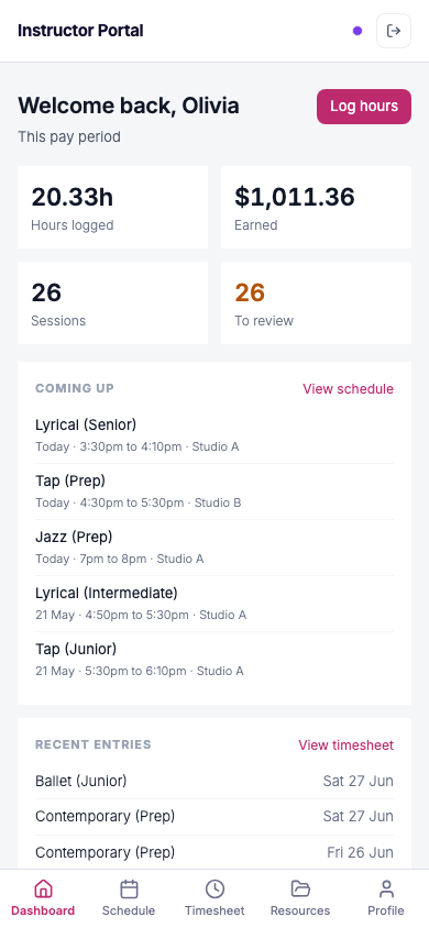 InstructorHUB instructor portal on mobile with a native-app bottom tab bar