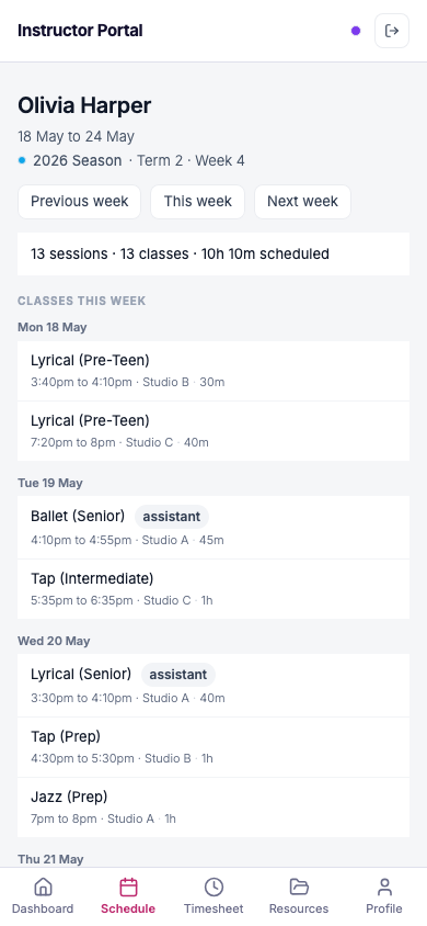 InstructorHUB instructor portal on mobile: the instructor's classes for the week by day, with times and rooms, above a bottom tab bar