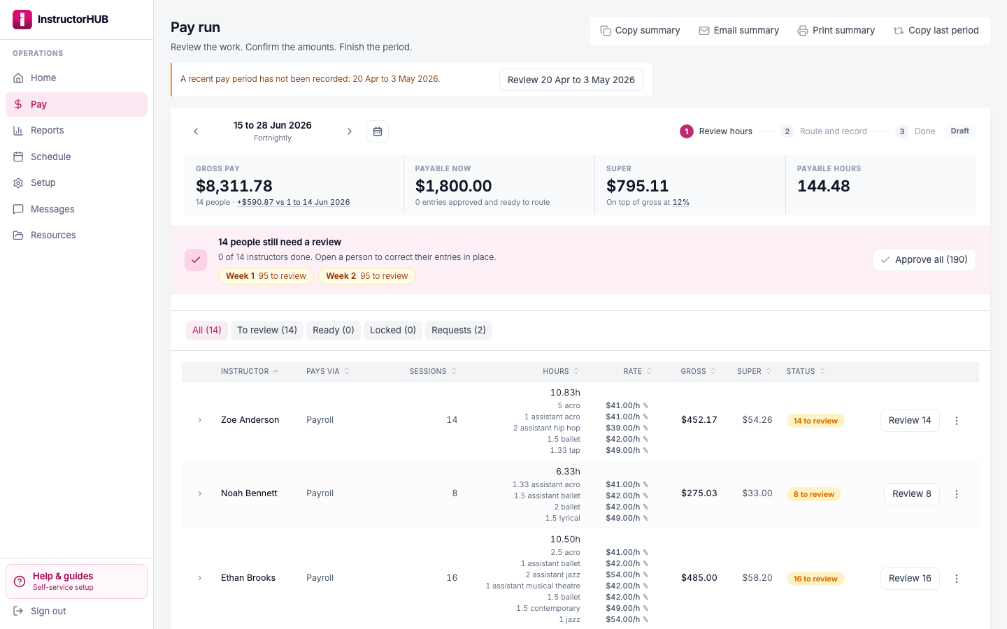 InstructorHUB pay run cockpit: review-hours stepper, gross pay and employer-contribution estimate, and the per-instructor pay table