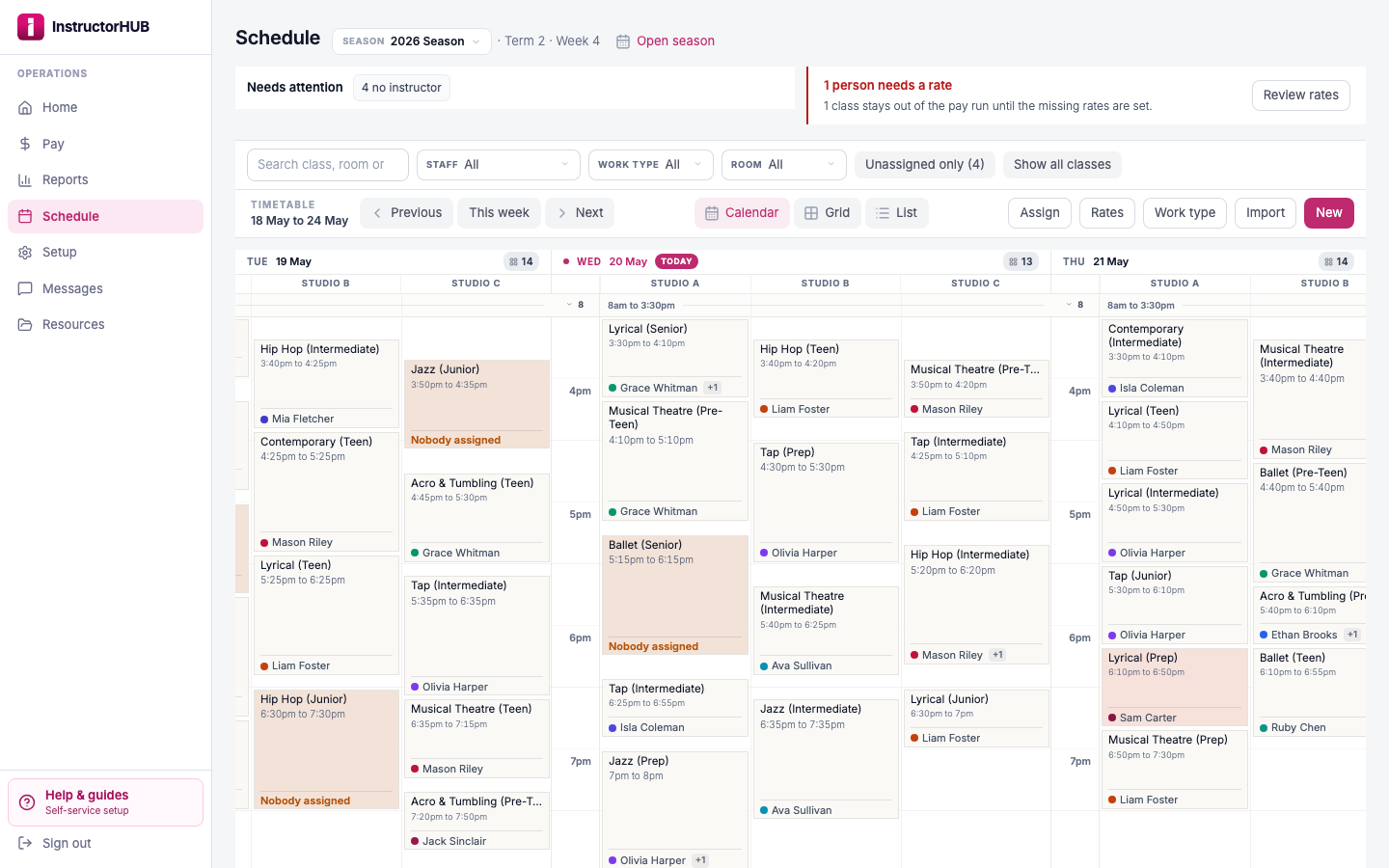 InstructorHUB weekly timetable: a full afternoon of classes laid out by day and studio, each tagged to its instructor, with unassigned classes flagged