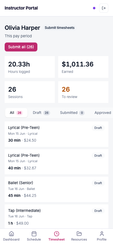 InstructorHUB instructor timesheet on mobile, entries as stacked cards with a bottom tab bar